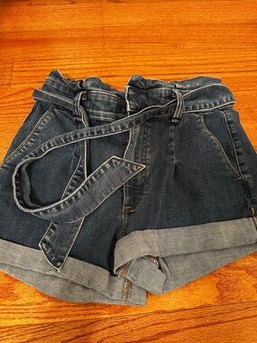 Express Dark Blue Denim Paperbag Waist Shorts with Tie Belt